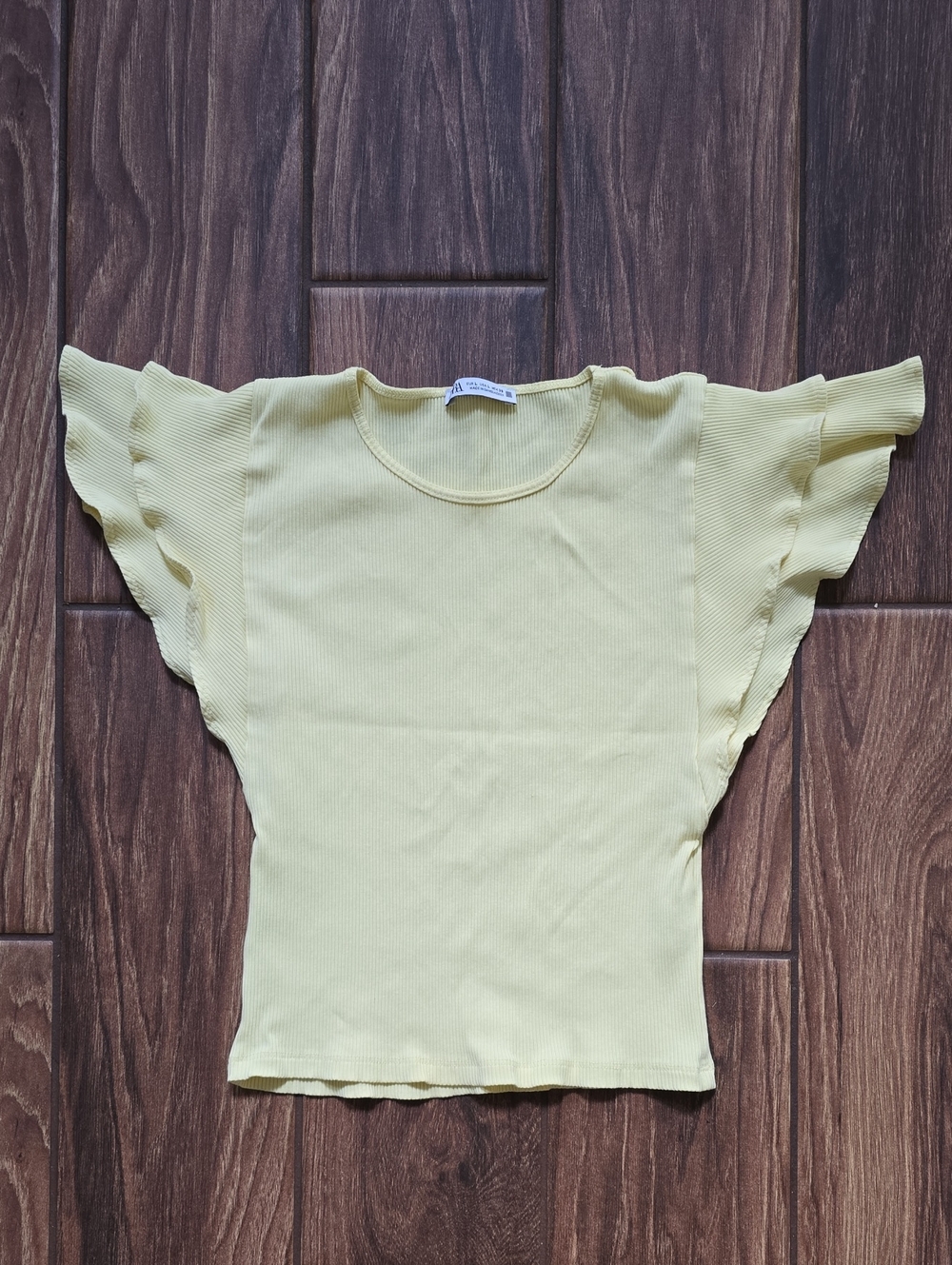 Zara Light Yellow Ribbed Flutter Sleeve Top